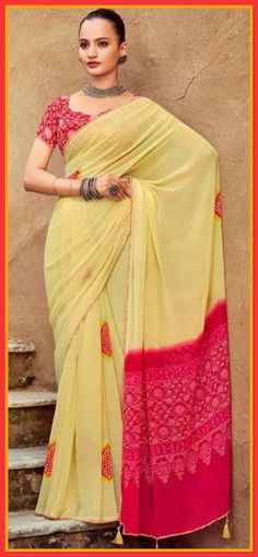 Fabulous luscious soft georgette saree with small piping border comes with unstitched blouse piece Lemon Yellow Saree, Mehandi Decoration, Yellow Color Saree, Crepe Saree, Yellow Saree, Satin Saree, Blouse Models, Yellow Colour, Contrast Blouse