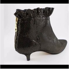 Anthropologie Emma Go Black With Bronze Polka Dot Booties. These Are Amazing And Super Rare. I Have Never Seen Them In This Color Way Listed. Every Detail Is Attended To On These Boots. They Are Black With Metallic Bronze Polka Dots, Kitten Heels, Fantastic Ruffle Detail, Big Exposed Zipper. Just An Amazing Boot. Size 37 Euro Sizing So Check The Conversion Chart. This Is A Very High End Boutique Brand Of Shoes. Each Pair Hand Made In A Small Town In Spain They Are Made With Green Materials And M Unique Boots, Kitten Heel Boots, Metallic Boots, Fall Booties, Anthropologie Shoes, Exposed Zipper, Boots Fall, Boutique Brands, Black Ruffle