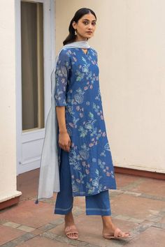 Ocean blue muslin cotton kurta with all over floral pattern and multi color intricate thread embroidery. Paired with embroidered bordered straight fit pant and powder blue dupatta. - Aza Fashions Blue Dupatta, Kurta Set For Women, Straight Fit Pants, Thread Embroidery, Fashion App, Thread Work, Kurta Set, Muslin Cotton, Indian Design