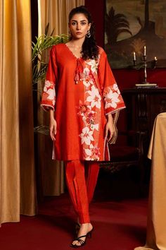 Gul Ahmed TL-42021 Red Collection Spring Formal Printed Lawn Suit, Formal Red Sets With Printed Motifs, Orange Digital Print Lawn Suit For Summer, Fitted Red Lawn Suit With Printed Motifs, Red Digital Print Sets For Festive Occasions, Red Sets With Digital Print For Festive Occasions, Red Cotton Set For Spring, Red Cotton Spring Set, Festive Red Sets With Digital Print