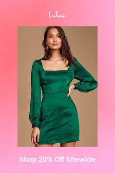 Now that we've found the Lulus Got The Love Emerald Green Satin Square-Neck Mini Dress, we're never looking back! Sleek and glossy woven satin dazzles as it creates a square neckline and a seamed bodice, both framed by long sleeves with buttoning cuffs. A-line skirt flows from a fitted waist down to a flirty mini hem. Hidden back zipper/clasp. Fit: This garment fits true to size. Length: Above mid-thigh. Size medium Bust: Great for any cup size. Waist: Fitted - very fitted at natural waist. Hip: Fitted - consider sizing up for fuller hips. Undergarments: May be worn with any standard bra. Fabric: Fabric has no stretch. Fully lined. Self: 97% Polyester, 3% Spandex. Lining: 100% Polyester. Hand Wash Cold Inside Out. Do Not Bleach. Flat Dry. Imported. Lulus | Got The Love Emerald Green Satin Fitted Satin Dress With Square Neck For Evening, Fitted Satin Prom Dress With Square Neck, Chic Fitted Satin Dress With Square Neck, Fitted Satin Dress With Square Neck For Prom, Elegant Satin Square Neck Dress For Spring, Green Mini Dress With Square Neck For Party, Green Square Neck Mini Dress For Party, Chic Square Neck Satin Dress For Formal Events, Chic Square Neck Satin Dress For Formal Occasions