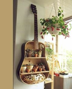 a guitar hanging from the side of a wall next to a potted plant on a shelf