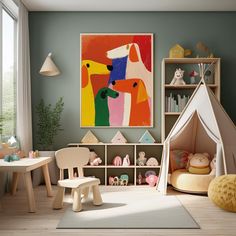 a child's playroom with toys and artwork on the wall