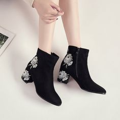 Autumn and Winter Black Floral Embroidery Ankle Boots on Storenvy Winter Embroidered Heeled Boots With Round Toe, Embroidered Round Toe Heeled Boots For Fall, Embroidered Heeled Boots With Round Toe For Fall, Fall Embroidered Round Toe Heeled Boots, Black Boots With Floral Embroidery For Fall, Embroidered Closed Toe Party Boots, Black Floral Embroidery Boots For Fall, Party Boots With Floral Embroidery And Round Toe, Black Embroidered Boots With Round Toe