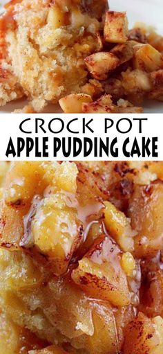 crock pot apple pudding cake on a white plate