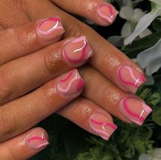 Nail Art Designs One Nail, Pink Nails Design Ideas Short, Clear Nails With Pink Design, Nail Ideas For Short Stubby Nails, Natural Color Acrylic Nails Designs, Crazy Short Nail Designs, Short Square Nail Designs Pink, Winter Birthday Nails Short, Pink Birthday Nails Square