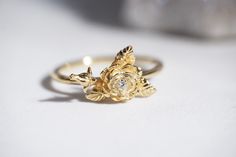 ROSE - Diamond Rose Flower Ring | Solid 14k Gold Flower Ring | Rose Ring | Dainty Flower Ring | Hand Carved Flower Ring Rose Flower Ring, Rose Diamond, Gold Flower Ring, Gem Diamonds, Ring Hand, Rose Ring, Ring Dainty, Gold Flower, Flower Ring