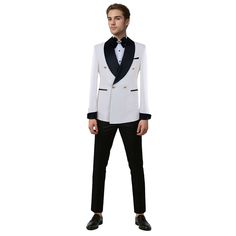 Package Includes: 1 x Jacket - 1 x Pant

Experience elegance with our White and Black Double Breasted Tuxedo. Designed for the modern minimalist, this tuxedo features a striking black lapel, exquisite golden brass buttons, and impeccably tailored black trousers. Perfect for making a statement at any formal event.

 	Fabric: 120s 
 	Lining Fabric: Silk
 	Pattern: Plain
 	Buttons: Brass
 	Construction: Half Canvas
 	Seasonality: All Season
 	Jacket: Black Shawl Lapel, 2 Straight Pockets, Double Br Tailored Double-breasted Tuxedo For Formal Events, Luxury Double-breasted Party Suits, Luxury Tuxedo With Hidden Button Closure For Black-tie Events, Elegant Black Double-breasted Tuxedo, Elegant Double-breasted Tuxedo With Double Button Closure, Fitted Black Tuxedo With Double Button Closure, Tailored Gold Suits For Evening, Gold Double-breasted Elegant Blazer, Elegant Gold Double-breasted Blazer