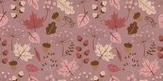 a pattern with leaves and berries on a pink background in shades of brown, red, beige and white