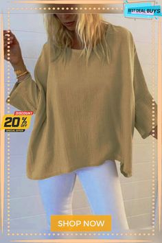 Casual 3/4 Sleeve Round Neck Top Casual Solid Color Tops With 3/4 Sleeves, Oversized Half-sleeve Blouse For Fall, Oversized Half Sleeve Blouse For Fall, Oversized Half Sleeve Tops For Fall, Solid Color Fall Blouse With 3/4 Sleeves, Solid Color Relaxed Fit Top With 3/4 Sleeves, Casual Long Sleeve Top With 3/4 Sleeves, Oversized Beige Top With 3/4 Sleeves, Beige Oversized Top With 3/4 Sleeves