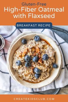 a bowl of oatmeal with blueberries and pecans in the background