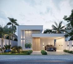 a car is parked in front of a modern house with palm trees and landscaping around it