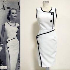 image 0 1950s Dress Formal Veaul, 50s White Pencil Dress, 50s Boatneck Dress, Cheap Retro Dresses For Workwear, Luxury Fitted White Vintage Dress, Luxury Fitted Vintage Dress For Summer, Luxury Mod Style Women's Dresses, Vintage Tight Pencil Dress, Luxury Vintage Fitted Dress For Costume