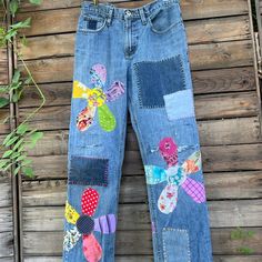 Patched Pants, Concert and Festival Inspo, Size 26 Upcycled Madewell Brand Hippie Jeans, Boho Style Distressed Pants With Vintage Patches - Etsy Trendy Cotton Bottoms With Patches, Multicolor Patchwork Denim Pants, Multicolor Denim Patchwork Pants, Hippie Floral Patchwork Bottoms For Festival, Spring Patchwork Straight-leg Jeans, Spring Patchwork Straight Leg Jeans, Summer Festival Straight-leg Jeans, Trendy Reworked Cotton Bottoms, Summer Festival Patchwork Jeans