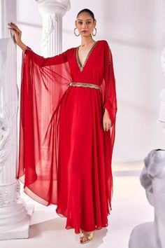 Red layered kaftan dress with an embroidered neckline. Paired with a scallop edged embellished belt. - Aza Fashions Embellished Belt, Embroidered Neckline, Indian Designer Outfits, Fashion Hacks Clothes, Kaftan Dress, Chocolate Molds, Couture Collection, Dress For Women, Skirt Outfits