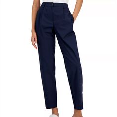 High Waisted Navy Trousers With Pockets. Great Condition! New Without Tags. Blue Tapered Bottoms For Spring, Spring Blue Tapered Bottoms, Spring Tapered Blue Bottoms, Elegant Blue Cotton Bottoms, Blue Relaxed Fit Workwear Pants, Blue Relaxed Fit Pants For Work, Elegant Relaxed Fit Blue Bottoms, Elegant Blue Relaxed Fit Bottoms, Blue Cotton Pants For Work