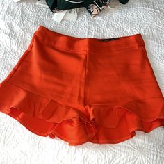 Super Cute Zara Ruffle Shorts Brand New Without Tags Reddish Orange Color Selling Cause I’m Now A Large And It Doesn’t Fit Casual Party Shorts With Ruffles, Summer Date Night Bottoms With Built-in Shorts, Flirty Red Bottoms For Summer, Flirty Red Summer Bottoms, Summer Short Bottoms For Date Night, Red Ruffled Shorts For Spring, Short Bottoms For Date Night In Spring, High-waisted Shorts For Date Night In Spring, Spring Date Night Bottoms With Built-in Shorts