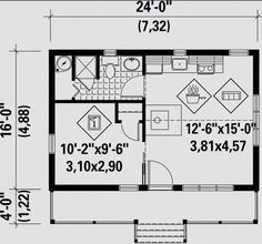 the floor plan for a small cabin with two bedroom and an attached living room area