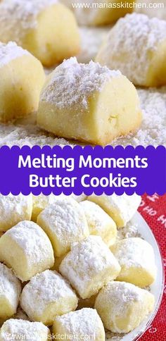 melting moments butter cookies on a plate with powdered sugar and the words melting moments butter cookies