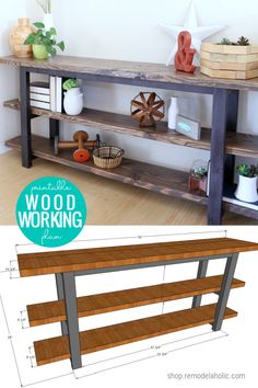 an image of a wooden table with shelves on it and text overlay that reads, how to build a wood working bench