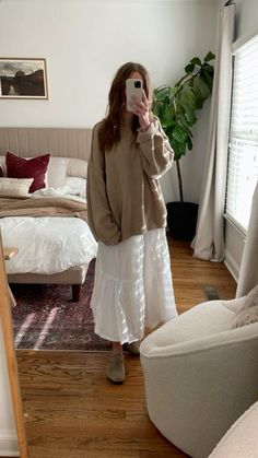 Winter Coats Outfits Women, French Country Style Outfit, Dresses Styled For Winter, Linen Skirt Outfit Winter, White Skirt Christmas Outfit, Winter Dress Inspo Aesthetic, Sweater With Flowy Skirt, Maxi Skirt Cottagecore, Oatmeal Sweater Dress Outfit