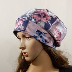 "Floral beret hat for women. Fully lined hat, no rough seams. Suitable for autumn, spring. The hat is super simple, stylish, practical and comfortable.  Made following a standard adult head circumference of 21,5-22,5\" (54-57 cm)  stretch from S-M The top of this beret measures D 8 \" (21 cm) Made of medium weight jersey fabric and cotton jersey lining. Machine-wash gentle cycle. Tumble dry gentle cycle low heat.  All my items are handmade by me and treated with love and care. Made in a smoke an Casual Winter Beret, Adjustable Cotton Casual Beret, Spring Casual Beret, One Size, Casual Spring Beret, One Size Fits Most, Casual Spring Beret One Size Fits Most, Casual Brimmed Fitted Bonnet, Casual Fitted Brimmed Bonnet, Casual Winter Beret For Outdoor, Slouchy Casual Beret For Winter