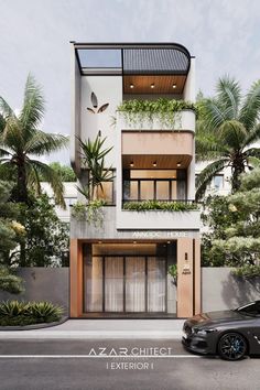 a black car parked in front of a tall building with plants on the balconies