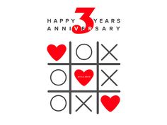 the number three year anniversary card with hearts and ticquets on white background