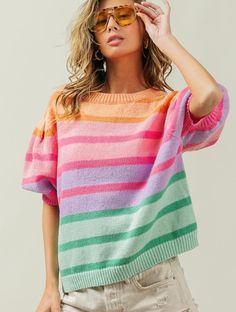 Multi color striped blocked short puff sleeve sweater Puff Sleeve Sweater, Short Puff Sleeve, Pink Wall, Knitted Top, Striped Sweater, New Wardrobe, Colorful Fashion, Stripe Sweater, Sleeve Sweater