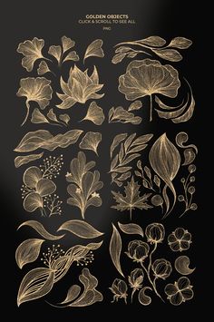 the golden flowers and leaves are drawn on a black background, with gold foiling