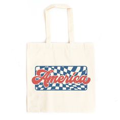 Looking for a cute tote bag to carry all your essentials this summer? This cute Checkered America bag will be perfect to add to your collection. Perfect for a day at the beach or every day life! Retro Rectangular Bags For Weekend, Summer Rectangular Bag With Letter Print, Summer Rectangular Bags With Letter Print, Weekend Cotton Rectangular Bag, Summer Weekend Cotton Bag, Summer Weekend Cotton Bags, Cotton Bags For Weekend Summer Use, Rectangular Cotton Bags For Weekend, Cotton Weekend Bag For Summer