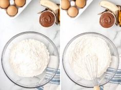 the process of making banana bread is shown in three separate pictures, including eggs and flour