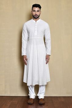 White bundi with tonal floral embroidery. Comes with grey chikankari embroidered anarkali and white churidar. - Aza Fashions Elegant Cotton Nehru Jacket With Chikankari Embroidery, Elegant Bandhgala With Chikankari Embroidery For Navratri, Cotton Bandhgala With Chikankari Embroidery For Navratri, Cotton Nehru Jacket With Cutdana For Wedding, White Chanderi Nehru Jacket With Chikankari Embroidery, Cotton Nehru Jacket With Dabka Work For Diwali, Designer Anarkali Nehru Jacket With Chikankari Embroidery, Anarkali Sherwani With Chikankari Embroidery In Chanderi, Fitted Traditional Wear With Naqshi For Navratri