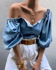 Lasaky - Lantern Sleeve Square Neck Button Down Denim Blouse Denim Blouse Women, Shirts For Women Stylish, Women Work Blouse, Chique Outfit, Mode Jeans, Denim Chic, Blouse Jeans, Denim Blouse, Mode Ootd