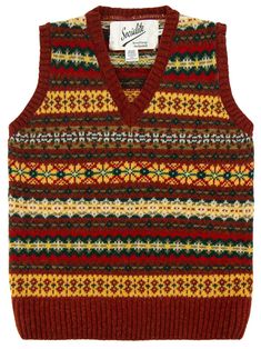 This authentic women's forties look vest is from our Socialite line of vintage replicas, produced by renowned knitwear company Harley, and has all the charm of an original 40s piece. This pure Scottish wool knit tank top is a luxurious, lightly flecked deep red shade, with green and yellow highlights in its Fairisle pattern. - High-quality finish - Classic Fairisle design encircling the neckline - Deep welts for an authentic 1940s or 1950s vintage appearance Designed by us here at Revival Vintag Classic Red Winter Vest, Fitted Retro Brown Sweater Vest, Retro Fitted Brown Sweater Vest, Vintage Wool Sweater Vest For Winter, Fitted Wool Retro Tops, Vintage Wool Sleeveless Sweater Vest, Retro Fitted Wool Top, Fitted Retro Wool Top, Vintage Sleeveless Wool Sweater Vest