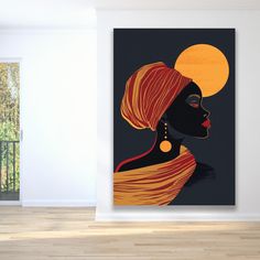 a woman's face is shown in front of a wall with an orange and black painting on it