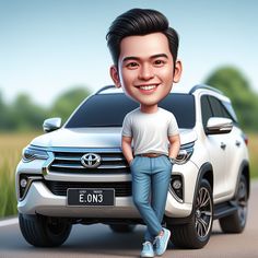 a caricature of a man sitting on the hood of a white toyota suv