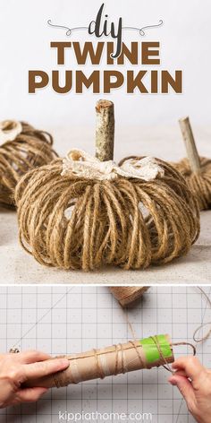 Twine pumpkins with sticks for stems and a cotton lace bow Easy Fall Decor, Easy Fall Crafts, Manualidades Halloween, Diy Thanksgiving