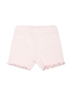 light pink stretch-cotton fine ribbed appliqué logo elasticated waistband frilled hem Solid Ribbed Bottoms For Summer, Spring Ribbed Bottoms Short Length, Spring Ruffled Shorts For Playwear, Spring Playwear Shorts With Ruffles, Spring Cotton Ribbed Bottoms, Ribbed Summer Shorts, Spring Ribbed Cotton Bottoms, Ribbed Summer Shorts With Short Legs, Summer Stretch Ribbed Shorts