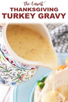 a turkey gravy being poured into a bowl