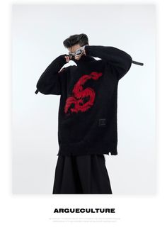 Dragon Design Oversize Knit Sweater WN4022 – WONDER NOAH Cotton Knitted Sweater For Streetwear, Black Knitted Cotton Outerwear, Knitted Tops For Streetwear In Fall, Oversized Knitted Top For Streetwear, Knitted Cotton Crew Neck Outerwear, Cotton Knitted Turtleneck Sweater, Cotton Knitted Long Sleeve Sweatshirt, Knitted Cotton Sweatshirt, Knitted Cotton Sweatshirt With Long Sleeves