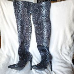 Asos Blue Snakeskin (Pattern) Spandex, Thigh High/Over The Knee, High Heel Boots. Brand New, Never Worn. Uk Size 8 (Us Size 10) Snake Print Party Boots, Gray Fitted Boots For Fall, Chic Fitted Gray Boots, Knee High Heel Boots, Asos Shoes, Snakeskin Pattern, High Heel Boots Knee, Us Size 10, Heel Boots