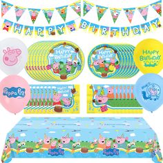 peppa pig birthday party supplies including balloons, decorations and tablecloths for kids