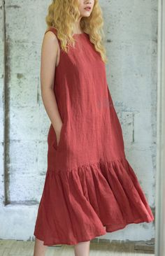 Ruffled Linen Midi Dress, Midi Linen Dress With Ruffles, Linen Dresses With Ruffle Hem, Linen Midi Maxi Dress With Ruffles, Casual Linen Maxi Dress With Ruffles, Sleeveless Linen Maxi Dress With Ruffles, Red Linen Bohemian Dress, Red Bohemian Linen Dress, Sleeveless Frock Designs