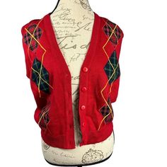 Christmas Vest Size Small No Rips No Stains Tags Plaid, Ugly Christmas Sweater, Vintage, Nwot, Sleeveless, Knit Red Retro Winter Tops, Casual Fall Holiday Outerwear, Casual Fall Outerwear For Holiday, Retro Red Tops For Winter, Vintage Red Top For Winter, Vintage Red Tops For Winter, Casual Holiday Outerwear, Red Christmas Outerwear, Red Festive Outerwear For Fall