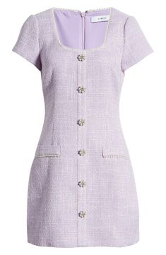 Glittering crystals and imitation pearls add glam touches to a sheath-style minidress cut from dreamy pastel-hued tweed. 33 1/2" length (size 8) Hidden back-zip closure Square neck Short sleeves Decorative welt pockets Lined 100% polyester Dry clean Imported Tweed A Line Dress, Purple Tweed Outfit, Tweed Dress Winter, Secretary Fashion, Lilac Outfits, Pink Tweed Dress, Tweed Outfit, Pastel Dress, Check Dress