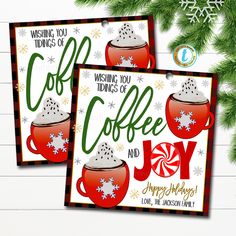 two christmas cards with coffee and candy on them