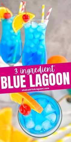 two blue lagoon cocktails on a table with text overlay that reads 3 ingredient blue lagoon