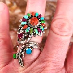 Multi Stone Turquoise Coral Opal Purple And Green Mojave. Brand New Handmade Sterling. Adjustable And Truly An Eye Catcher. Adjustable Multicolor Multi-stone Turquoise Ring, Southwestern Multicolor Gemstone Turquoise Ring, Southwestern Multicolor Turquoise Gemstone Ring, Adjustable Multicolor Turquoise Bohemian Ring, Purple Multi-stone Bohemian Jewelry, Multicolor Multi-stone Flower Jewelry, Purple Bohemian Multi-stone Jewelry, Multicolor Flower-shaped Multi-stone Jewelry, Unique Multicolor Multi-stone Turquoise Ring