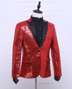 Red Sequin Embellished Blazer Jacket | Yunhyeong - iKON XL Winter Embellished Long Sleeve Blazer, Winter Wedding Sequin Blazer, Sequin Wedding Blazer For Winter, Red Long Sleeve Holiday Outerwear, Red Festive Outerwear For Fall, Red Christmas Party Outerwear, Red Holiday Party Outerwear, Holiday Embellished Long Sleeve Outerwear, Fall Wedding Outerwear With Sequins